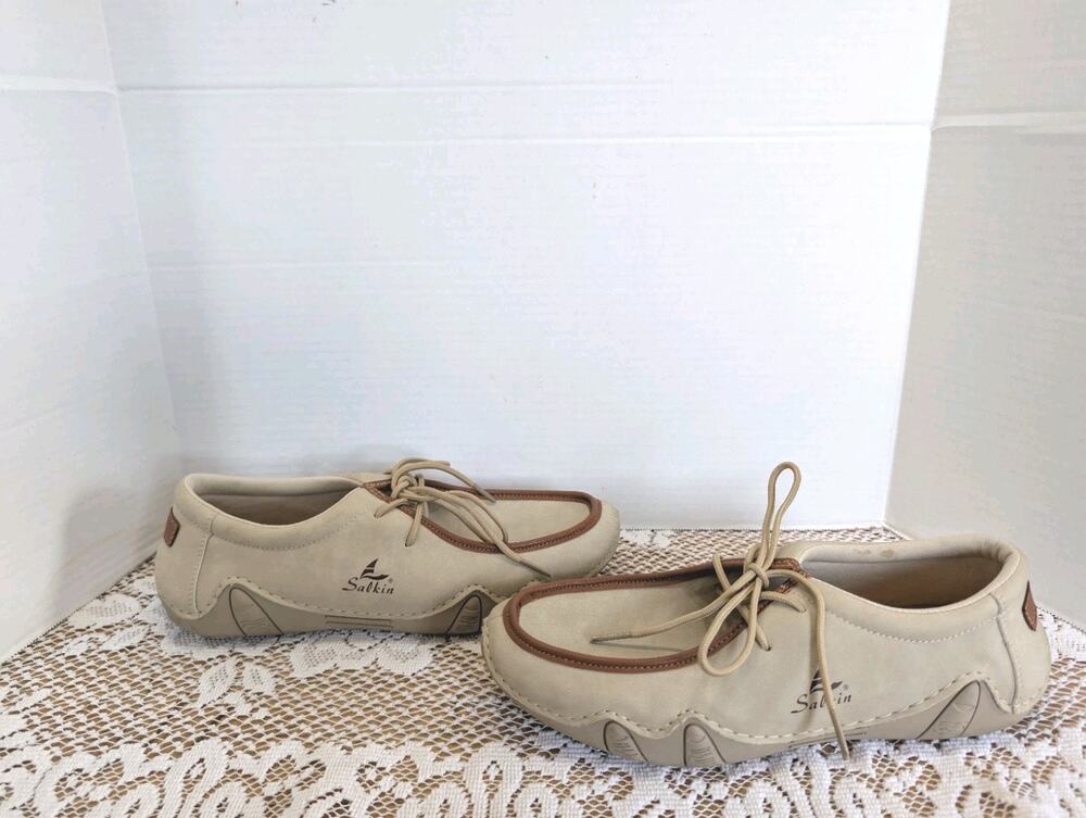 Salkin USA Comfort Walking Shoes Men's 44 US 10-10.5 Beige Lace Up Moc Toe Casua